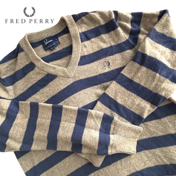 Fred Perry Mens Striped Lambswool Sweater Medium Blue Gray V-Neck Jumper Preppy - Picture 1 of 8